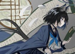 1girl absurdres animal_ears black_choker black_hair blue_archive blue_haori blue_ribbon blue_sailor_collar blue_skirt book calligraphy_brush cat_ears cat_girl cat_tail choker closed_mouth grey_eyes hair_between_eyes haori highres holding holding_book holding_calligraphy_brush holding_paintbrush japanese_clothes kikyou_(blue_archive) long_hair looking_at_object miura_(u_cron) multiple_tails paintbrush ribbon sailor_collar scroll shirt sidelocks skirt tail two_tails white_shirt