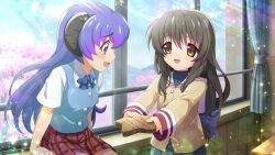Rule 34 | 2girls, artist request, blue ribbon, blue shirt, blue skirt, brown eyes, brown hair, brown jacket, cherry blossoms, clannad, crossover, game cg, hanyuu, highres, higurashi no naku koro ni, higurashi no naku koro ni mei, hikarizaka private high school uniform, holding, holding star, horns, ibuki fuuko, jacket, light blush, long hair, long sleeves, looking at another, multiple girls, neck ribbon, non-web source, official art, open mouth, plaid clothes, plaid skirt, purple eyes, purple hair, red skirt, ribbon, school uniform, shirt, skirt, smile, sparkle, star (symbol), starfish, sunlight, white shirt, window