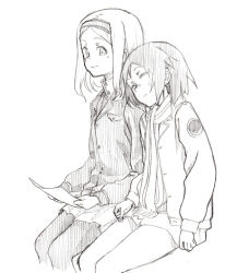 2girls aleksandra_i._pokryshkin bare_legs brave_witches closed_eyes collared_shirt commentary_request cropped_legs curled_fingers hairband high_collar holding holding_paper invisible_chair jacket kanno_naoe leaning_on_person legs_together long_hair long_sidelocks looking_at_another multiple_girls no_pants pantyhose paper parted_bangs patch scarf shiratama_(hockey) shirt short_hair shoulder_patch sidelocks simple_background sitting sleeping smile striped_clothes striped_scarf thighs traditional_media triangle_mouth vertical-striped_clothes vertical-striped_scarf white_background world_witches_series