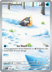 artist_name babiri_berry berry_(pokemon) card_(medium) character_name closed_eyes company_name copyright_name copyright_notice english_text footprints gen_3_pokemon narumi_sato nintendo no_humans official_art outdoors pokemon pokemon_(creature) pokemon_card pokemon_focus pokemon_tcg smile snorunt snow snowball solo teeth third-party_source trading_card tree