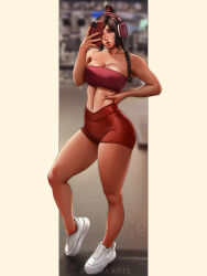 1girl artist_name avatar:_the_last_airbender avatar_legends azuma_yasuo bare_shoulders bike_shorts braid braided_ponytail breasts brown_eyes brown_hair cellphone choker cleavage commentary english_commentary gym gym_shorts hand_on_own_hip headphones high_braided_ponytail highres holding holding_phone long_hair midriff navel_piercing phone piercing red_choker red_shorts red_tube_top shoes shorts smartphone sneakers solo strapless tube_top ty_lee white_shoes