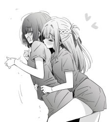 2girls blush closed_eyes commentary_request half_updo hands_on_another&#039;s_waist heart kiss kissing_neck long_hair lwmina70119 miyagi_shiori multiple_girls open_mouth sendai_hazuki shirt short_sleeves shorts shuuniichido_classmate_wo_kau_hanashi yuri