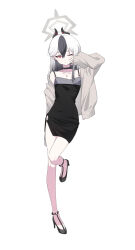 1girl black_choker black_dress black_hair black_horns black_shoes blue_archive brown_jacket choker closed_mouth collarbone demon_horns dress ear_piercing full_body halo hand_up high_heels highres horns jacket kayoko_(blue_archive) kayoko_(dress)_(blue_archive) long_hair long_sleeves looking_at_viewer mole mole_on_collarbone official_alternate_costume official_alternate_hairstyle one_eye_closed piercing shoes simple_background sleeves_past_wrists smile solo standing standing_on_one_leg tachi_yuzuki white_background white_hair