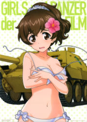10s 1girl 2017 absurdres banpresto bikini breasts brown_eyes brown_hair caterpillar_tracks cleavage collarbone covering_breasts covering_privates curvy dated embarrassed emblem flower girls_und_panzer hair_between_eyes hair_flower hair_ornament hair_scrunchie high_ponytail highres jagdpanzer_38(t) koyama_yuzu large_breasts long_hair looking_at_viewer medium_breasts military military_vehicle moaning motor_vehicle navel official_art ooarai_(emblem) open_mouth pink_flower polka_dot polka_dot_background ponytail scrunchie shiny_skin simple_background solo swimsuit tank tears thighs untied_bikini white_background white_bikini wide_hips