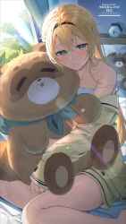 Rule 34 | 1girl, absurdres, alternate costume, barefoot, bedroom, blonde hair, blush, camisole, commentary, crossed bangs, day, double-parted bangs, hair between eyes, highres, hololive, indoors, kakeru (kakekaker001), kazama iroha, long hair, looking at viewer, off shoulder, pajamas, pantyhose, pokobee, pout, shirt, short shorts, shorts, sitting, solo, strap slip, symbol-only commentary, virtual youtuber, white camisole, yellow pantyhose, yellow shirt
