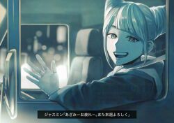 1girl :d car commentary_request cone_hair_bun diagonal_bangs double_bun hair_bun hand_up limited_palette long_sleeves looking_at_viewer motor_vehicle open_hand open_mouth pdechun seatbelt short_hair side-view_mirror sidelighting smile solo subtitled tomarigi_yasumi toshi_densetsu_kaitai_center translation_request upper_body waving