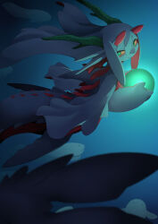 1girl blue_skin blurry blurry_foreground colored_sclera colored_skin dark dragon_girl eastern_dragon_horns fewer_digits fins fish glowing green_eyes hair_between_eyes head_fins highres holding_orb horns kamukamu6392 monster_girl orb original oversized_forearms oversized_limbs sidelighting sideways_glance solo underwater yellow_sclera