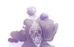 2boys 8ato3abure aoyama_kazuki black_coat black_gloves black_jacket black_pants blue_hair coat facing_another from_behind gloves grey_hair highres hood indian_style invisible_floor jacket male_focus multiple_boys pants q_(tribe_nine) simple_background sitting skull_print tribe_nine white_background