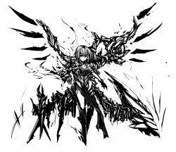 1girl acryl breasts full_body gauntlets gloves greyscale highres kneehighs looking_at_viewer monochrome original simple_background socks solo white_background wings