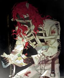 Rule 34 | 1boy, aleph (reverse:1999), black background, black gloves, black mask, covered face, cowboy shot, gloves, haniwa15, highres, holding, holding notebook, long hair, long sleeves, male focus, notebook, pants, reading, red hair, reverse:1999, shirt, white pants, white shirt