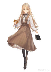 2017 2020 arm_at_side bag black_footwear black_legwear black_ribbon breasts brown_eyes closed_mouth company_name copyright_notice dress frilled_shirt frills glasses hairband hand_up handbag highres holding holding_bag kobuta light_brown_hair long_hair long_sleeves looking_at_viewer medium_breasts neck_ribbon nijisanji official_art pinafore_dress ribbon round_eyewear shirt simple_background sister_claire sleeveless sleeveless_dress virtual_youtuber white_background white_hairband white_shirt