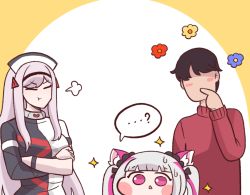... ...? 1boy 2girls :&lt; :t ? animal_ears black_lilith blush_stickers bulga chibi commander_(last_origin) crossed_arms dog_ears dog_girl eternity_(last_origin) faceless faceless_male flower_symbol hat last_origin mini_person minigirl multicolored_hair multiple_girls pink_hair silver_hair sparkle spoken_ellipsis spoken_question_mark twintails two-tone_hair