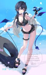 1girl bikini black_bikini black_hair black_nails black_sandals blue_hair blue_sky breasts cleavage closed_mouth cloud cloudy_sky demon_girl demon_horns demon_tail demon_wings detached_wings frilled_thigh_strap full_body hair_between_eyes highres hinakisara horns ichinose_uruha large_breasts long_hair looking_at_viewer multicolored_hair navel outdoors purple_eyes sandals sky smile solo stomach streaked_hair swim_ring swimsuit tail thigh_strap thighs tongue tongue_out virtual_youtuber vspo! wings