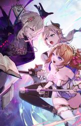 3girls absurdres artist_collaboration atelier_(series) atelier_resleriana bare_shoulders black_coat black_gloves black_pantyhose blue_eyes bodystocking book braid breasts brown_hair choker cleavage coat commentary_request copyright_notice criselda_(atelier) dress evil_smile fighting floating_hair furrowed_brow gloves grey_hair grin hair_between_eyes highres holding holding_book holding_staff key_visual large_breasts long_hair long_sleeves looking_at_another medium_breasts multiple_girls noco_(adamas) official_alternate_costume official_art open_book open_mouth pantyhose partially_fingerless_gloves promotional_art resna_sternenlicht resna_sternenlicht_(awakened_future) second-party_source smile staff standing thighhighs tokki umiu_geso valeria_(atelier) valeria_(awakened_past)_(atelier) white_dress white_thighhighs