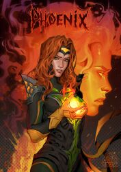 1girl absurdres bodysuit breasts elbow_gloves fire freckles gloves green_eyes highres jean_grey long_hair looking_at_viewer marvel marvel_rivals medium_breasts phoenix_(x-men) red_hair redgreengoblin solo superhero_costume x-men yellow_gloves