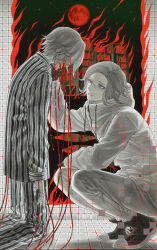 2boys 7nite absurdres aged_down aotsuki_eito arm_on_own_leg black_gloves black_shoes blue_eyes burning burning_building cable chinese_commentary clone doll_joints drawstring faceless full_body glasses glitch gloves grey_hair hand_on_another&#039;s_face highres jacket joints kneeling looking_at_another male_focus moon multiple_boys pants pocket red_fire red_moon shoes short_hair smile spoilers squatting star_(sky) static striped_clothes the_hundred_line_-last_defense_academy- tile_floor tile_wall tiles weibo_username white_jacket white_pants zipper