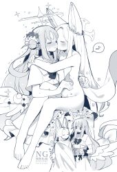 Rule 34 | 2girls, animal ears, barefoot, blue archive, blush, breasts, closed mouth, clothed female nude female, completely nude, dress, greyscale, halo, hickey, highres, kiss, kissing cheek, long hair, low twintails, low wings, mika (blue archive), monochrome, multiple girls, musical note, nude, seia (blue archive), simple background, sitting, sitting on lap, sitting on person, small breasts, spoken musical note, tail, toes, trembling, twintails, white background, wings, yun (dust-i1), yuri