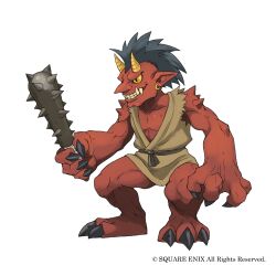1boy black_hair black_nails claws club club_(weapon) colored_skin copyright_notice ear_piercing fang grimms_notes grin holding holding_club holding_weapon lowres male_focus no_humans oni piercing pointy_ears red_oni_(grimms_notes) red_skin simple_background smile solo spiked_club spiked_hair teeth weapon white_background zaebos