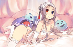 1girl alternate_costume ass bed blue_eyes blush camisole character_doll commentary_request elbow_gloves flat_chest frilled_camisole frills full_body gloves grey_hair heterochromia highres ktullanux lace lace_gloves long_hair looking_at_viewer mil_(xration) open_mouth panties parted_bangs pope_(ragnarok_online) ragnarok_online red_eyes side-tie_panties siroma snowier solo thighhighs underwear untied_panties white_camisole white_gloves white_panties white_thighhighs