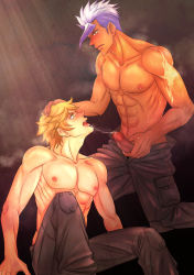 2boys abs bara blonde_hair blush censored cum erection eugene_sevenstark gundam gundam_tekketsu_no_orphans hand_on_head male_focus multiple_boys muscular nashi orga_itsuka pectorals penis saliva topless_male steam sweat tagme undressing yaoi
