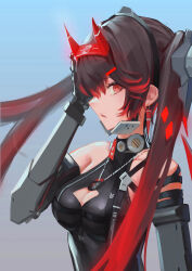 Rule 34 | 1girl, absurdres, bare shoulders, black bodysuit, bodysuit, breasts, brown hair, chin guard, cleavage, cleavage cutout, clothing cutout, dog tags, earrings, fake horns, from side, gradient background, gradient hair, hair ornament, hairband, hairclip, headgear, highres, horns, jewelry, looking at viewer, lucia: dawn (pgr), lucia (pgr), mechanical arms, multicolored hair, oni horns, piao miao, profile, punishing: gray raven, red eyes, red hair, skin tight, sleeveless, sleeveless bodysuit, small breasts, solo, strap, streaked hair, twintails, upper body