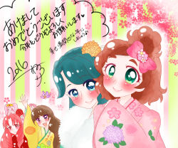 10s 2016 4girls :d akagi_towa amanogawa_kirara aroma_(go!_princess_precure) bad_id bad_pixiv_id bird blue_eyes blue_hair blush brown_hair flower go!_princess_precure green_eyes hair_flower hair_ornament haruno_haruka japanese_clothes kaidou_minami kimono multiple_girls nerori_ssh new_year open_mouth precure puff_(go!_princess_precure) purple_eyes red_eyes red_hair smile striped_background translation_request waving yukata