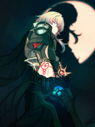 1boy absurdres anaxa_(honkai:_star_rail) closed_mouth cowboy_shot dire_illus eyepatch gun highres holding holding_gun holding_weapon honkai:_star_rail honkai_(series) jewelry male_focus medium_hair multiple_rings one_eye_covered red_tattoo ring shadow side_ponytail solo weapon