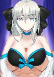 1boy 1girl animated bare_shoulders black_dress black_ribbon blue_eyes breasts cleavage collarbone detached_sleeves dress expressionless fate/grand_order fate_(series) hair_ribbon handsfree_paizuri large_breasts long_hair long_sleeves looking_at_viewer morgan_le_fay_(fate) nanaya_(ranchenmonhan) paizuri pov pov_crotch ribbon tagme video white_hair