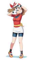 1girl ;) absurdres bandana bike_shorts_under_skirt black_socks blue_eyes breasts brown_hair closed_mouth collared_shirt commentary finger_frame full_body gloves hands_up highres looking_up may_(pokemon) medium_hair nintendo one_eye_closed pokemon pokemon_(anime) pokemon_rse_(anime) red_bandana red_shirt scarletsky shirt shoes short_sleeves skirt smile socks solo standing white_background white_skirt