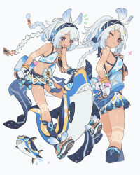 1girl absurdres bare_shoulders blue_headband blue_ribbon blue_skirt bracelet crop_top cropped_legs dark_skin full_body genshin_impact head_tilt headband highres jewelry long_hair looking_at_another looking_at_viewer mualani_(genshin_impact) notice_lines one_eye_closed open_mouth origami_gyokuo red_eyes ribbon sandals shark simple_background skirt smile symbol-shaped_pupils tan tanline twintails white_hair