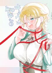 absurdres aqua_eyes blonde_hair blush breasts cover earrings highres implied_yuri jewelry large_breasts necklace one_eye_closed open_mouth original pearl_necklace short_hair smile string string_of_fate takeno_(takenoo2)