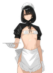 absurdres apron black_eyes black_hair empty_eyes flat_chest gloves hair_between_eyes highres maid_headdress mask_pull medium_hair navel no_panties original see-through_clothes shrug_(clothing) solo standing tray white_gloves yykuaixian