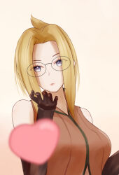 1girl absurdres blonde_hair blowing_kiss blue_eyes breasts elbow_gloves final_fantasy final_fantasy_viii glasses gloves heart highres long_hair looking_at_viewer quistis_trepe romi_drawing round_eyewear simple_background solo white_background
