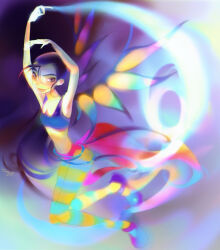 1girl aerokinesis aqua_pantyhose armpits arms_up asian bare_shoulders black_hair blue_sports_bra breasts cleavage commentary english_commentary feathered_wings floating_clothes floating_hair full_body green_wings happy hay_lin highres ladyshalirin lipstick long_hair long_sleeves lower_teeth_only magical_girl makeup mary_janes navel open_mouth pantyhose pink_lips pink_skirt pleated_skirt purple_background purple_eyes purple_shoes ribs shoes showgirl_skirt signature skinny skirt smile solo sports_bra stomach teeth two-tone_pantyhose very_long_hair w.i.t.c.h. wind wings yellow_pantyhose