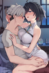 1boy 1girl ahoge atelier_(series) atelier_yumia bed black_hair breast_press breasts clothed_sex commentary_request commission eye_contact flask grabbing_another&#039;s_ass groping hair_ribbon hand_on_another&#039;s_back hand_on_another&#039;s_chest hand_on_another&#039;s_head happy_sex hetero highres implied_sex indoors looking_at_another medium_breasts messy_hair mole mole_under_eye motion_lines multicolored_hair purple_eyes red-tinted_eyewear ribbon rutger_arendt shiny_skin shirt short_hair skeb_commission straddling sunglasses sweat table tinted_eyewear tsuki_tokage two-tone_hair upright_straddle variant_set white_hair white_ribbon white_shirt window yellow_eyes yumia_liessfeldt