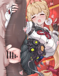 1boy 1girl :o absurdres alice_thymefield animal_ears bar_censor black_skirt blonde_hair blush breasts censored closed_eyes commentary daram_(shappydude) fingerless_gloves gloves hand_on_own_leg hetero highres indoors large_breasts large_variant_set long_hair orange_eyes pantyhose penis pleated_skirt revision sex shirt skirt split standing standing_on_one_leg standing_sex standing_split sweat torn_clothes torn_pantyhose vaginal variant_set white_shirt zenless_zone_zero