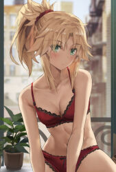 1girl blonde_hair blurry blurry_background bra breasts building fate/grand_order fate_(series) green_eyes highres looking_at_viewer medium_breasts medium_hair mordred_(fate) navel panties plant ponytail red_bra red_panties sidelocks sitting solo tonee underwear underwear_only window