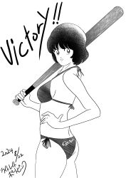1girl :d absurdres artist_name asakura_minami bare_shoulders baseball_bat bikini breasts cowboy_shot dated english_text from_side greyscale hand_on_own_hip hand_up highres hiroshima_touyou_carp holding holding_baseball_bat looking_at_viewer looking_to_the_side medium_breasts medium_hair miyahiro99 monochrome nippon_professional_baseball open_mouth side-tie_bikini_bottom signature simple_background smile solo standing swimsuit touch_(manga) white_background