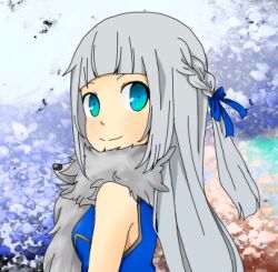 Rule 34 | 1girl, alternate color, animal, animal around neck, blue dress, blue eyes, blunt bangs, blush, braid, breasts, cherry blossoms, closed mouth, commentary request, dress, fox, grey hair, half up braid, long hair, looking at viewer, looking to the side, lowres, meiko (nattu303), professor (ragnarok online), ragnarok online, small breasts, smile, solo, upper body