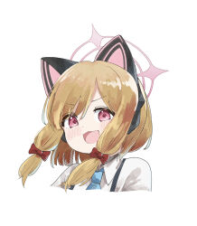 1girl :d absurdres animal_ear_headphones animal_ears blonde_hair blue_archive blue_necktie blush bow cat_ear_headphones cat_ears collared_shirt commentary cropped_shoulders dot_nose eyes_visible_through_hair fake_animal_ears hair_bow halo headphones highres ixia559 looking_at_viewer low-tied_sidelocks medium_hair momoi_(blue_archive) necktie open_mouth parted_bangs pink_eyes pink_halo red_bow school_uniform shirt sidelocks simple_background smile solo suspenders white_background white_shirt wing_collar