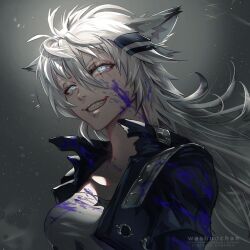 Rule 34 | 1girl, animal ears, arknights, artist name, blood, blood on clothes, blood on face, blue blood, breasts, clenched teeth, grey eyes, grey hair, grin, head tilt, jacket, lappland (arknights), long hair, medium breasts, messy hair, open clothes, open jacket, scar, scar across eye, scar on face, sharp teeth, smile, solo, teeth, washuu, watermark, wolf ears, wolf girl