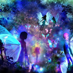 00 6+girls blurry colorful dark dress elf fairy fairy_wings fantasy highres leaf light_particles long_hair multiple_girls original pointy_ears short_hair silhouette tree wings