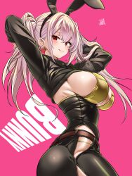 1girl absurdres animal_ears arms_behind_head arms_up belt black_pants black_shrug blush breasts brown_belt closed_mouth earrings fake_animal_ears hair_between_eyes hands_in_hair heart heart_earrings highres jewelry large_breasts long_hair looking_at_viewer meme_attire original pants pink_hair rabbit_ears red_eyes revealing_clothes reverse_bunnysuit reverse_outfit shrug_(clothing) smile solo tokita_monta twintails