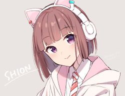 1girl animal_ear_headphones animal_ears blunt_bangs blunt_ends blush bob_cut brown_hair cat_ear_headphones character_name closed_mouth collared_shirt commentary_request diagonal-striped_clothes diagonal-striped_necktie dress_shirt fake_animal_ears grey_background hazuki_(sutasuta) headphones hood hooded_jacket ikizulive!_love_live!_bluebird jacket looking_at_viewer love_live! necktie open_clothes open_jacket orange_necktie portrait purple_eyes sasaki_shion school_uniform shirt simple_background smile solo split_mouth striped_clothes white_jacket white_shirt