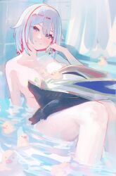 1girl bathing bathroom bathtub blue_eyes blush breasts colored_inner_hair commentary completely_nude curtains grey_hair hair_between_eyes head_tilt highres honkai:_star_rail honkai_(series) in_bathtub indoors large_breasts looking_at_viewer multicolored_hair nude numby_(honkai:_star_rail) red_hair red_streaks rubber_duck sanshoku_dango_(shukosuko) short_hair streaked_hair tile_wall tiles topaz_(honkai:_star_rail) trotter_(honkai:_star_rail) water