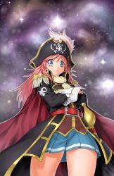 1girl ascot belt blue_eyes cape crossed_arms epaulettes female_focus from_below hair_ornament hairclip hat hat_feather highres katou_marika long_hair looking_at_viewer miniskirt_pirates onsoku_inu pink_hair pirate pirate_hat pleated_skirt rapier saber_(weapon) sabre skirt skull_and_crossbones smile solo space star_(sky) sword weapon