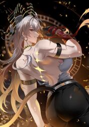 1girl absurdres arm_strap ass bad_id bad_twitter_id bare_shoulders black_choker black_gloves black_horns black_pants breasts choker commentary curled_horns earrings from_behind gloves grey_hair highres horns jewelry key_earrings large_breasts long_hair looking_at_viewer looking_back median_furrow mouth_hold necktie necktie_around_wrists pants profile red_eyes red_necktie shirt shirt_tucked_in shoulder_blades solo tacet_mark_(wuthering_waves) tail thuban_ap tight_clothes tight_pants torn_clothes torn_shirt very_long_hair white_shirt wuthering_waves zani_(wuthering_waves)