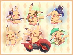 argyle_background beret bow cosplay flamestrider_(genshin_impact) flower furina_(genshin_impact) furina_(genshin_impact)_(cosplay) gen_1_pokemon genshin_impact green_hat hat hat_bow hat_flower head_ornament head_wreath highres holding holding_instrument holding_lyre holding_removed_eyewear holding_sword holding_weapon instrument lyre mavuika_(genshin_impact) mavuika_(genshin_impact)_(cosplay) motor_vehicle motorcycle multiple_persona musou_isshin_(genshin_impact) nahida_(genshin_impact) nahida_(genshin_impact)_(cosplay) necktie nintendo no_humans one_eye_closed pikachu pokemon pokemon_(creature) raiden_shogun raiden_shogun_(cosplay) sunglasses sword symbol-shaped_pupils top_hat unworn_eyewear user_xxjp4374 venti_(genshin_impact) venti_(genshin_impact)_(cosplay) weapon yellow_background zhongli_(genshin_impact) zhongli_(genshin_impact)_(cosplay)