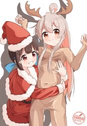 Rule 34 | 2girls, absurdres, ahoge, alternate costume, animal costume, antlers, artist name, belt, black belt, blue hair, blunt bangs, blush, breasts, brown eyes, brown hair, capelet, colored inner hair, commentary, covered navel, dated, dot nose, double-parted bangs, embarrassed, fur-trimmed capelet, fur-trimmed headwear, fur trim, grey hair, grin, hair between eyes, hands up, hat, highres, horns, hozuki momiji, hug, hug from side, long hair, long sleeves, looking at viewer, multicolored hair, multiple girls, onii-chan wa oshimai!, oyama mahiro, pink hair, pom pom (clothes), ponytail, red capelet, reindeer antlers, reindeer costume, santa costume, santa hat, short hair, short ponytail, simple background, small breasts, smile, sparkle, sweat, tearing up, two-tone hair, very long hair, white background, yairo ju