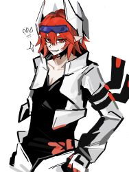 1boy aotu_world black_gloves black_shirt chinese_commentary chinese_text collarbone cropped_jacket doodle_inset eyewear_on_head gloves goggles goggles_on_head grin hair_between_eyes hands_on_own_hips headgear highres jacket looking_at_viewer male_focus multicolored_gloves open_clothes open_jacket pants pectoral_cleavage pectorals pius_(aotu_world) pointy_ears red_eyes red_hair scar scar_on_face sharp_teeth shirt short_hair simple_background smile solo sparkle teeth white_background white_gloves white_jacket white_pants yuanlu75656